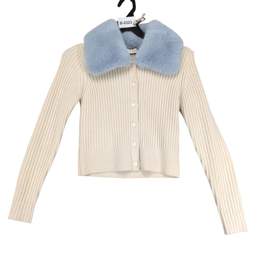 Zara Cream Cardigan Sweater Womens S Baby Blue Faux Fur Collar Pearl Buttons Y2K